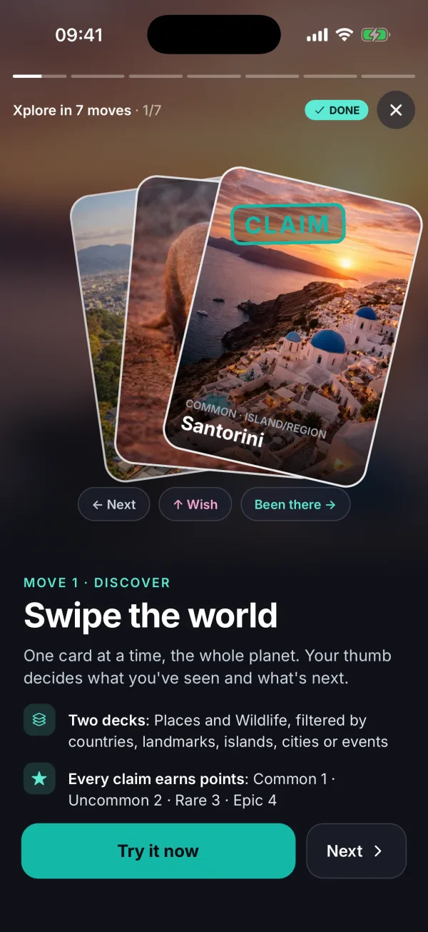Xplore in 7 moves: Swipe the world